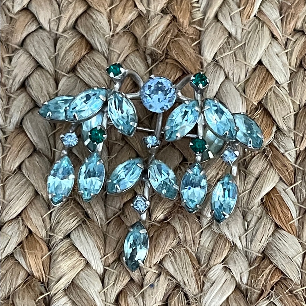 Vintage Weiss Brooch Blue and Green Gemstones in Silver Tone Setting